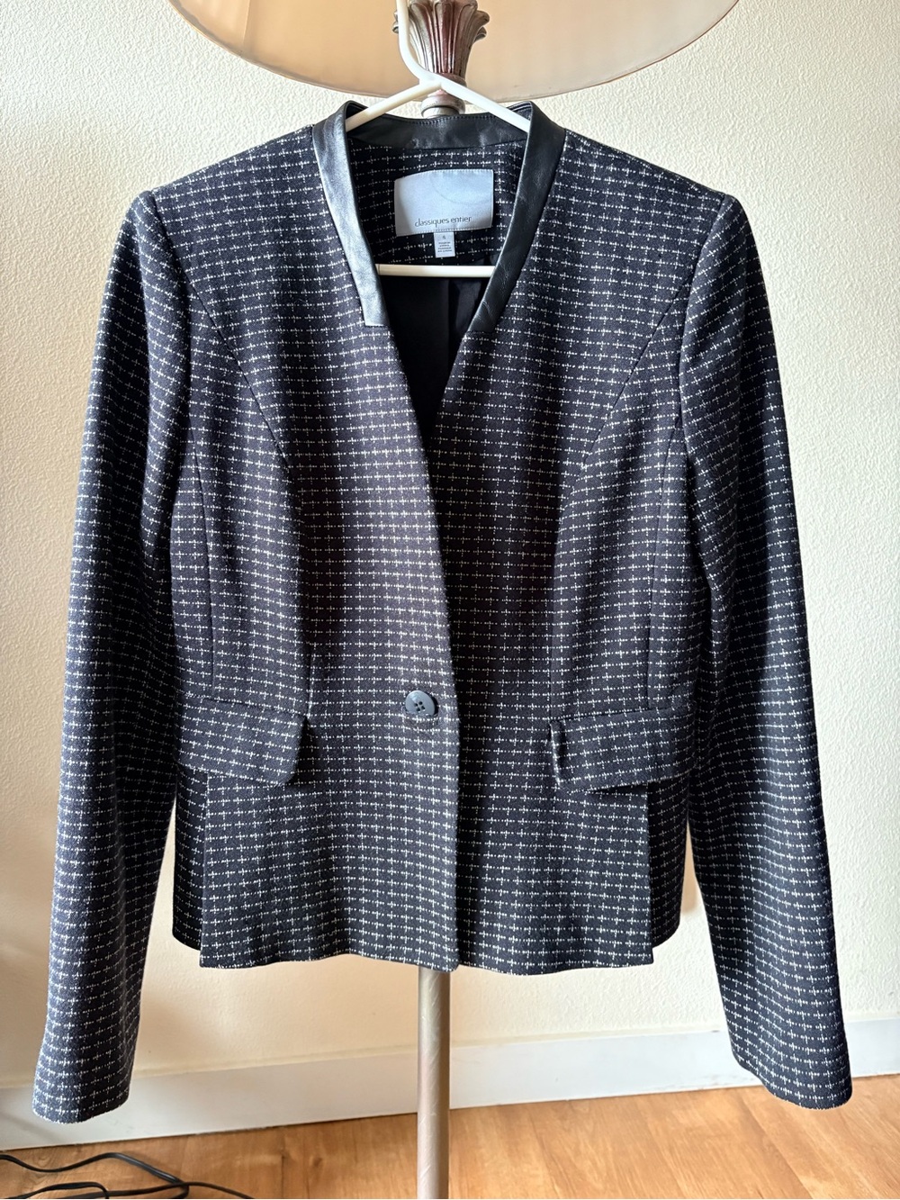 Classiques Entier Faux Leather Trim Tweed Blazer Jacket Black White Size S